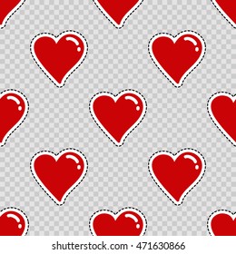 Vector seamless pattern with red heart. Modern doodle pop art background formed badges, stickers or pins.