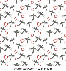 Vector seamless pattern with red hearts and magpies. Chinise Valentine`s day