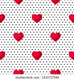 Vector seamless pattern with red hearts isolated on white polka dot background.Can be used for design of gift wrap,textile,blog decoration,banner,poster,website,wallpapers and greeting card