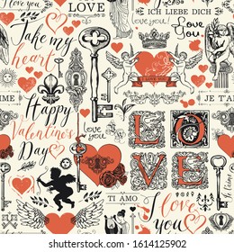 Vector seamless pattern with red hearts, keys, keyholes, cupids and inscriptions on the theme of love. Abstract background in retro style with the words I love you in different languages.