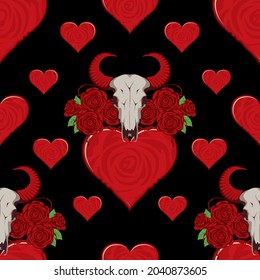 Vector seamless pattern with red hearts, roses and skulls of bulls on a black backdrop. Romantic graphic print for clothes in youth or teenage style, wallpaper, wrapping paper or fabric design