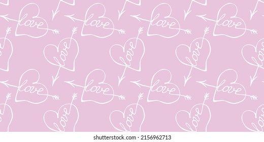 Vector seamless pattern of red hearts with an arrow and lettering love. Hand drawn texture, background for wrapping paper, greeting card, Valentine's day, wedding, declaration of love