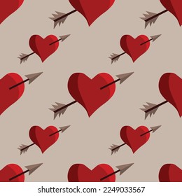 Vector seamless pattern with red hearts and arrows on biege. Suitable for web, social media, apps, fabric or wrapping paper print, greeting cards etc