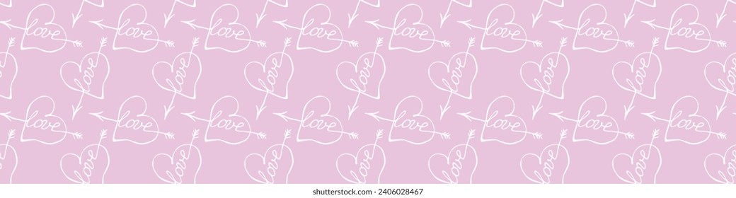 Vector seamless pattern of red hearts with an arrow and lettering love. Hand drawn texture, background for wrapping paper, Valentine's day