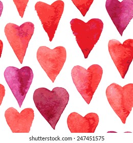 vector seamless pattern with red hearts painted by watercolor, hand drawn illustration