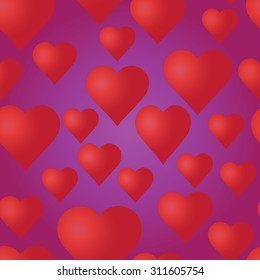 Vector seamless pattern with red hearts on the purple background. Wedding or Valentine's Day texture. Love template. Romantic backdrop. 