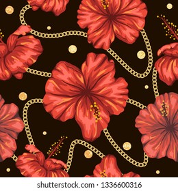 Vector seamless pattern of red hibiscus flowers with golden foil confetti and chain on black background. Repeat tropical backdrop. Exotic jungle wallpaper