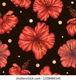 Vector seamless pattern of red hibiscus flowers with golden foil confetti on black background. Repeat tropical backdrop. Exotic jungle wallpaper