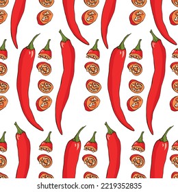 Vector seamless pattern: red hot pepper in fresh pods and sliced with seeds on white. Design for textile, wrapping paper, wallpaper.