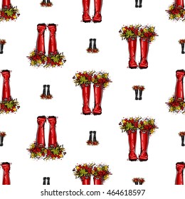 Vector seamless pattern with red hunter boots and leaves and bouquet. Background for decoration seasonal celebration, greeting card and banner. Hand drawn symbols on white backdrop.