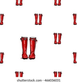 Vector seamless pattern with red hunter wellies.  Hand drawn symbols on white backdrop.