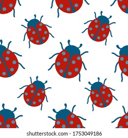 Vector seamless pattern with a red ladybug on a white background.