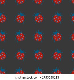 Vector seamless pattern with a red ladybug on a gray background.