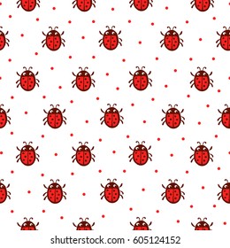 Vector seamless pattern with red ladybug. Background with insects.