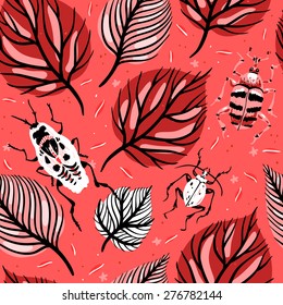 vector seamless pattern with red leaves and abstract beetles