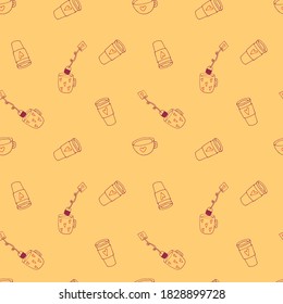 Vector seamless pattern with red line Christmas elements on yellow isolated background. Winter holiday background for wallpaper, fabric, greeting cards, gift packaging, banners. Cup of tea, coffee.