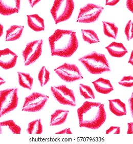 Vector seamless pattern with red lipstick kisses. Pink lips watercolor background. Design for fashion textile print, wrapping. Makeup and cosmetics concept.