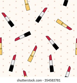 Vector seamless pattern with red lipsticks on beige background with polka dot