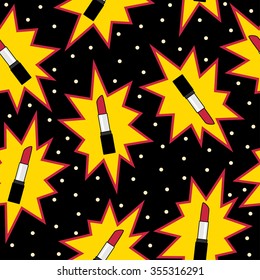 Vector seamless pattern with red lipsticks in polygons on black background with polka dot