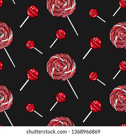 Vector seamless pattern red  lolipops on black  background. Candy in pop art style. 
