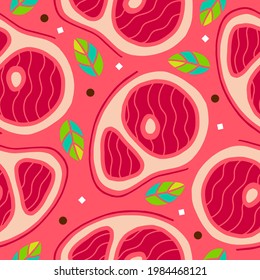 Vector seamless pattern with red meat steak, green bay leaf, pepper and salt. Fresh cutting beef parts.