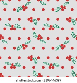 Vector seamless pattern with red mistletoe and green leaf outline illustration on gray background