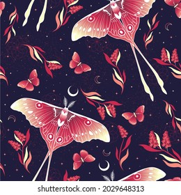 Vector seamless pattern with red moon moth, butterflies and herbs. Contemporary composition. Trendy texture for print, textile, packaging.