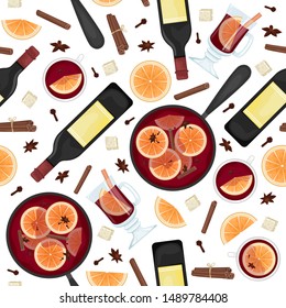 Vector seamless pattern with red mulled wine in a pot with orange slices, cinnamon, cloves and a bucket. White and glass mugs of mulled wine.