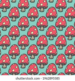 vector seamless pattern red mushrooms hand drawing doodle style abstract isolated on green background