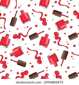 Vector seamless pattern of red nail polish bottles, brushes, and splashes on a white background