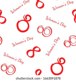 Vector seamless pattern, red number eight on white background. March 8, international women's day. Design for greeting cards, textiles, paper, Wallpaper.
