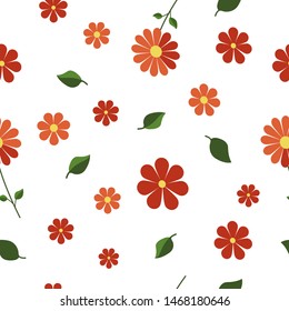 Vector seamless pattern with red orange flowers and green leaves isolated on white background. Endless texture. Wrapping paper, fabric, covers, manufacturing, wallpapers, print, gift wrap