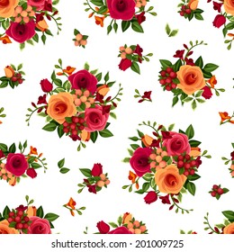 Vector seamless pattern with red and orange roses and freesia flowers and green leaves on a white background.