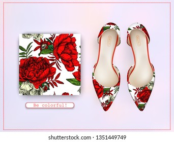 Vector seamless pattern with red peonies and a pair of women's shoes. Template use seamless pattern in fashion, textiles, layout for example.