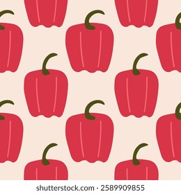 Vector seamless pattern with red pepper Paprika. Repeating background with Capsicum vegetables, orange-red spice fruits. Food and harvest. Design rapport for label, wrapping, paper, textile, banner