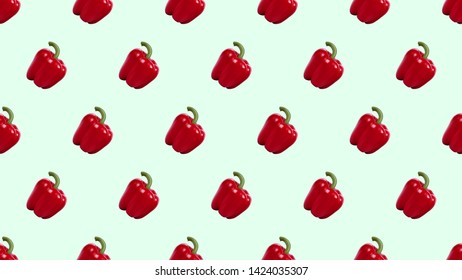 Vector seamless pattern with red peppers in realistic style. Paprika isolated on light green background.