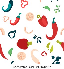Vector Seamless pattern with red peppers, chili pepper and onion isolated on white background. Hand drawn flat cute parsley, pepper, onion. Healthy vegan food concept design.