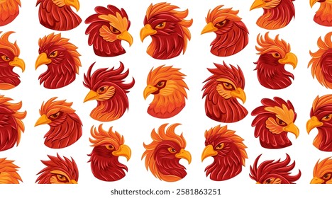 Vector seamless pattern with red phoenixes on white background. Fable texture with parrot heads in cartoon fantasy style. Textile with hand drawn macaws for wallpaper