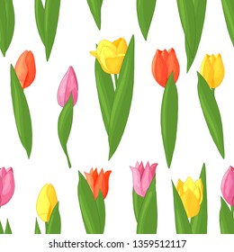 Vector seamless pattern of red, pink, yellow tulips on white background