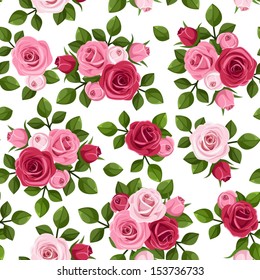 Vector seamless pattern with red and pink roses on white. 