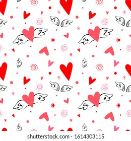 Vector seamless pattern Red and pink Hearts Wings points circles doodle sketch for decoration holiday love 