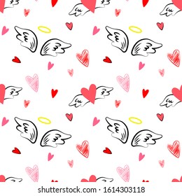 Vector seamless pattern Red and pink Hearts angels Wings doodle sketch for decoration holiday love 