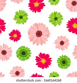 Vector seamless pattern with red, pink and green gerbera flowers on a white background.