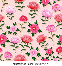 Vector seamless pattern of red pink peony and rose in summer spring autumn fall season in vintage romantic style with peach pink background for dress, textile, pajamas, fabric, paper, stationary, etc.