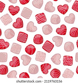 Vector seamless pattern of red and pink chocolate candies in the form of square, circle and heart isolated on white background.
