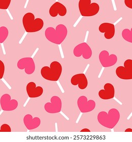 Vector seamless pattern with red and pink heart-shaped lollipops for Valentine's Day