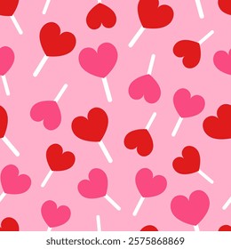 Vector seamless pattern with red and pink heart-shaped lollipops on a pink background