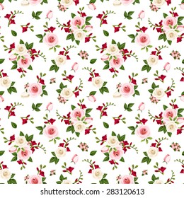 Vector seamless pattern with red, pink and white roses and freesia flowers and green leaves on a white background.