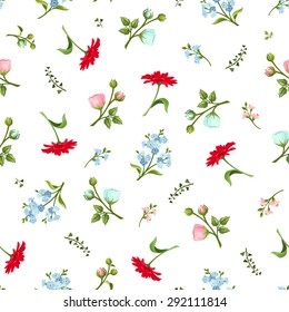 Vector seamless pattern with red, pink and blue gerbera, ranunculus and forget-me-not flowers on a white background.