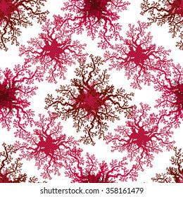 Vector seamless pattern with red and pink sea corals. Floral marine background.